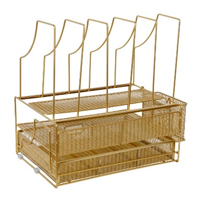Gold Mesh Metal Large Desktop Organizer with Drawer and File Holder