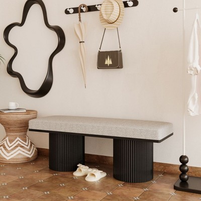 Upholstered Bench With Black Chunky Legs,Entryway Bench,Light Gray Boucle Fabric,Bed-End Bench For Bedroom Living Room,Entryway Shoe Bench-Cuddlewood