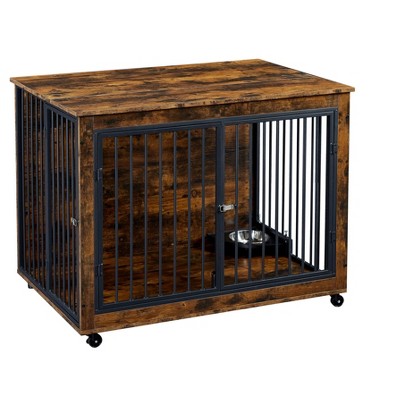 NicBex 43.7Inch Dog Crate Furniture Wooden Dog Cage Side Table with Flip-Up Top and 3 Doors,Wheels,Indoor Use,Rustic Brown