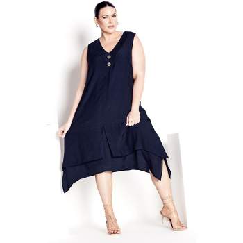 Women's Plus Size Pleat Button Dress - navy | AVENUE