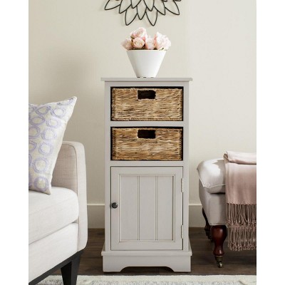 Vintage Grey Pine Wood Accent Cabinet with Wicker Baskets