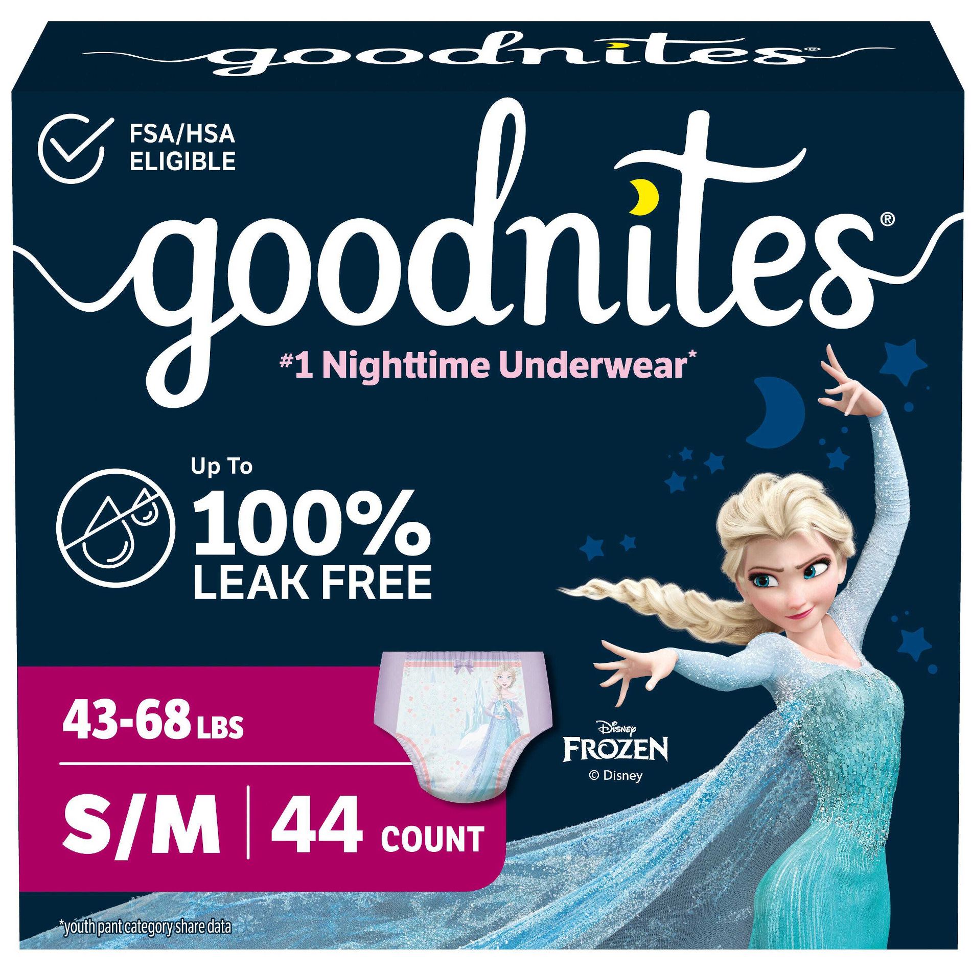 Goodnites Girls' Nighttime Bedwetting Disposable Underwear - Size S/M - 44ct: Hypoallergenic, Leak Guards, Pull-On Design, Disney