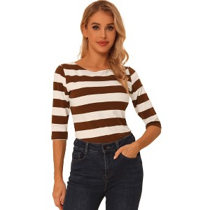 INSPIRE CHIC Women's Stripes Casual Basic Elbow Sleeves Boat Neck Slim Fit T-Shirts - 1 of 4