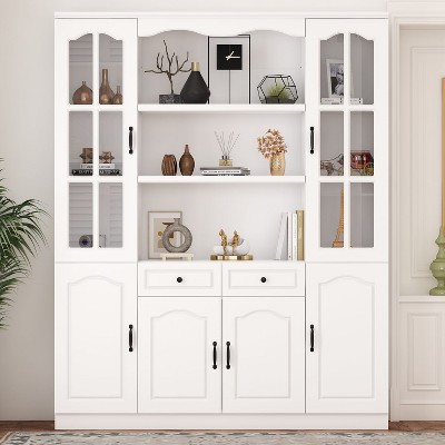 FUFU&GAGA White Tall Wood Bookshelf with Glass Doors Adjustable Shelves