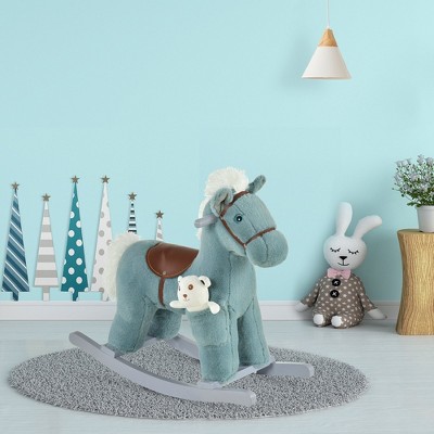Aghana Digitals Blue Kids Plush Rocking Horse with Bear Toy, Realistic Sounds & Wagging Tail - Soft