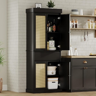 Homhougo 69" Tall Pantry Cabinet with Rattan Doors - Kitchen Pantry Cabine Freestanding Storage Cabinet with Adjustable Shelves & Drawer