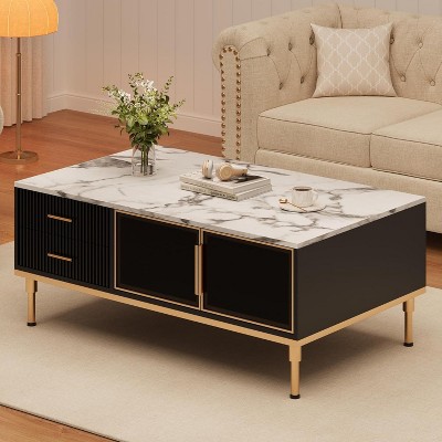 Coucheta Black Fluted Buffet Cabinet with 2 Drawers & Glass Doors - Adjustable Gold Metal Legs For Small Spaces - Modern Sideboard(black)