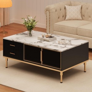 Coucheta 45.6 Inch Black Fluted Buffet Cabinet with 2 Drawers & Glass Doors - Adjustable Gold Metal Legs For Small Spaces - Modern Sideboard(black) - 1 of 4