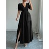 Coolmee Women's Puff Sleeve Dress Smocked Flowy V Neck Slit Pleated Maxi Dress - 3 of 4