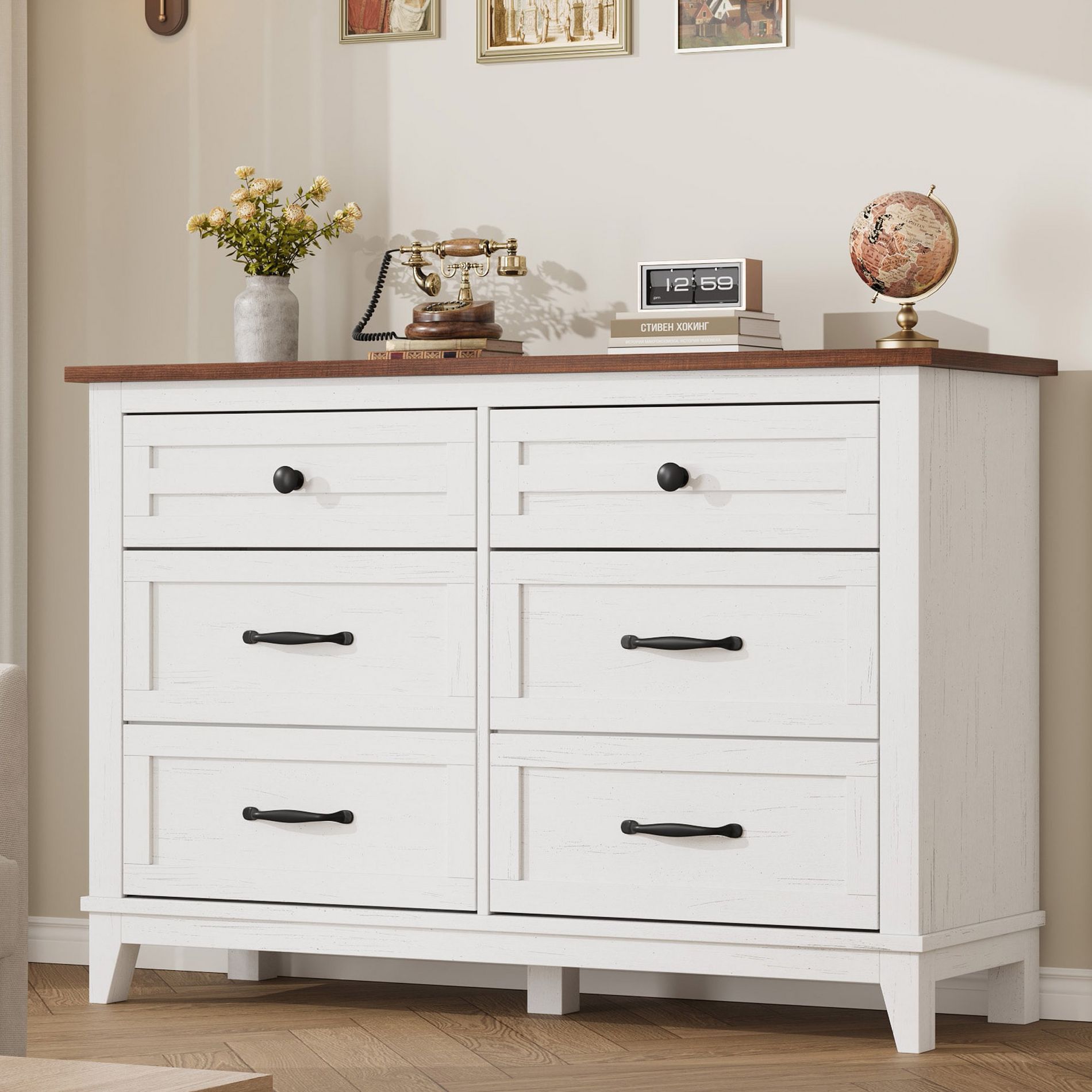 6 Dresser for Bedroom, 47.2" Wide Drawer Dresser with Storage Freestanding, Wooden Closet Storage Chest for Living Room, Bedroom, White+Brown
