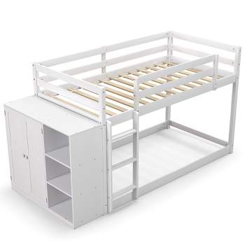 Tangkula Twin Over Twin Bunk Bed Wood Frame Storage Shelves Ladder Guardrails Kids White