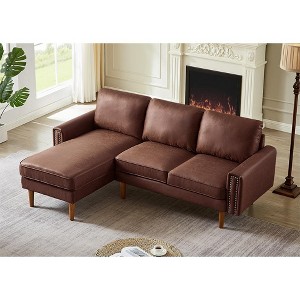 LOVMOR 82.2"L-Shape Sofa Couch with Chais Mid-Century Copper Nail on Arms,strong wooden leg and suede fabric design - 1 of 4