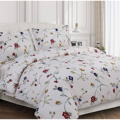 3pc Queen Floral Garden Cotton Flannel Printed Oversized Duvet Set Multi - Tribeca Living