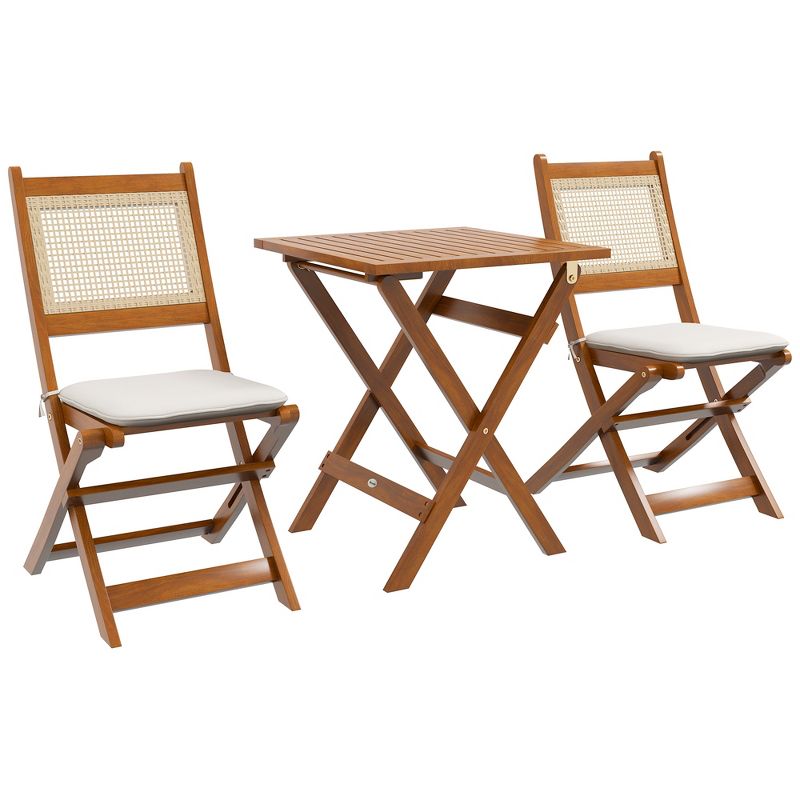 Outsunny 3 Pieces Patio Wicker Bistro Set Foldable Wooden Rattan Conversation Furniture Outdoor w/ Cushions, for Porch, Backyard, Garden, Light Teak, 1 of 7