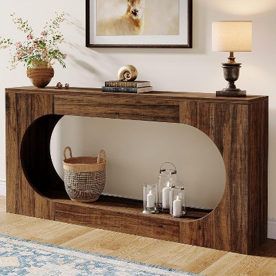 HDZNVF 63in Farmhouse Console Table with Scalloped Edge Narrow 2-Tier Wooden Sofa Table Behind Couch