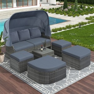 Sapphtopaz Patio Furniture Set Wicker Daybed Sectional Sofa Set with Retractable Canopy Coffee Table with Storage for Backyard, Garden, Gray - 1 of 4