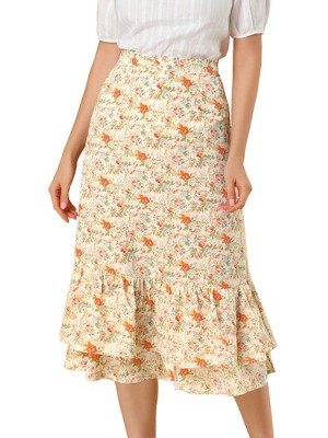 INSPIRE CHIC Women's Chiffon Elastic Waist Ruffle Tiered Flowy Midi Floral Printed Skirts