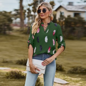 Women'Summer Fall 3/4 Roll-Up Long Sleeve  Print Shirt V Neck Casual Loose Fit Top Blouse - 1 of 4