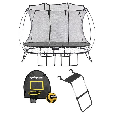 Springfree Outdoor 8 x 11 Foot Oval Jumping Trampoline with Net Enclosure, Basketball Hoop Game, and Step Ladder, Accessories for Backyard, Black