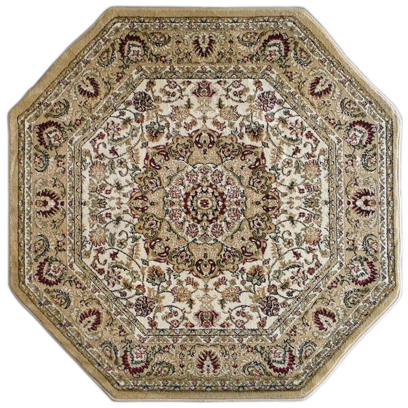 Merrick Lane Traditional Maidon 4' x 4' Persian Style Floral Medallion Motif Octagon Olefin Area Rug with Jute Backing in Ivory, 1 of 8