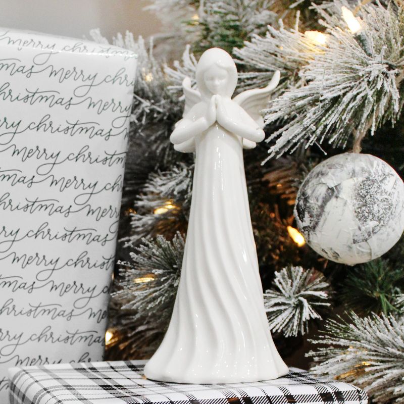 AuldHome Design White Ceramic Praying Angel Figurine; Standing Guardian Angel Statue 9in, 2 of 9