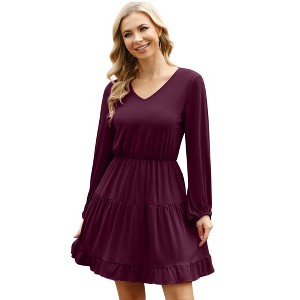 Women's Long Sleeve Tiered Fall Dress V Neck Casual Loose Flowy Short Dress - 1 of 4