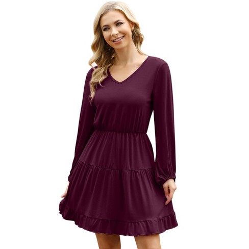 Ruffle Dress, Mini Dress Elastic Waist V Neck Puff Sleeve Casual Loose ...