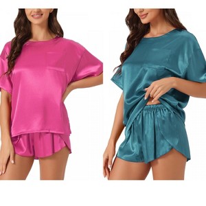 INSPIRE CHIC Women's 2 Pcs Lounge Sets Satin Silky Short-Sleeve Tee with Side-Slit Elastic Shorts Sleepwear - 1 of 4