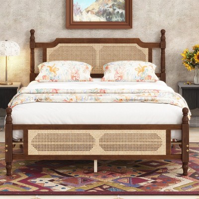 Queen Size Bed with Rattan Headboard and Footboard, Vintage Pine Wood Platform Bed for Bedroom-Baofuwish
