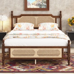 Queen Size Bed with Rattan Headboard and Footboard, Vintage Pine Wood Platform Bed for Bedroom-Baofuwish - 1 of 4