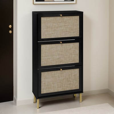Freestanding Shoe Storage Cabinet with Rattan 3 Door Shoe Rack - Leovsnove