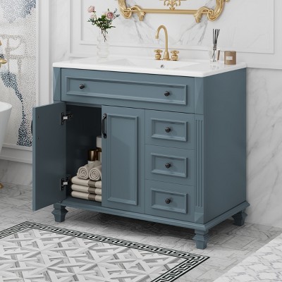 36" Bathroom Vanity with Sink, White Vanity Cabinet with Flip-Out Drawer, 3 Drawers, 2 Soft-Close Doors