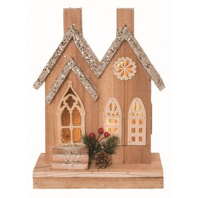 Transpac Wood Brown Christmas Light Up Rustic House