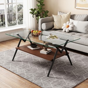 Rectangle Coffee Table, with Tempered Glass top, Metal Legs and MDF Shelf, Modern Table for Living Room - 1 of 4