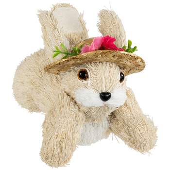Northlight Rabbit with Floral Straw Hat Easter Figurine - 8.75" - Beige