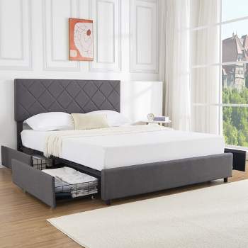 Trinity Bed Frame Upholstered Bed Frame Platform with 4 Storage Drawers (Dark Grey)
