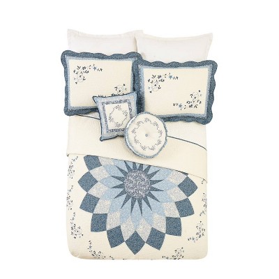 16" Square Blue Floral Embroidered Cotton Pillow