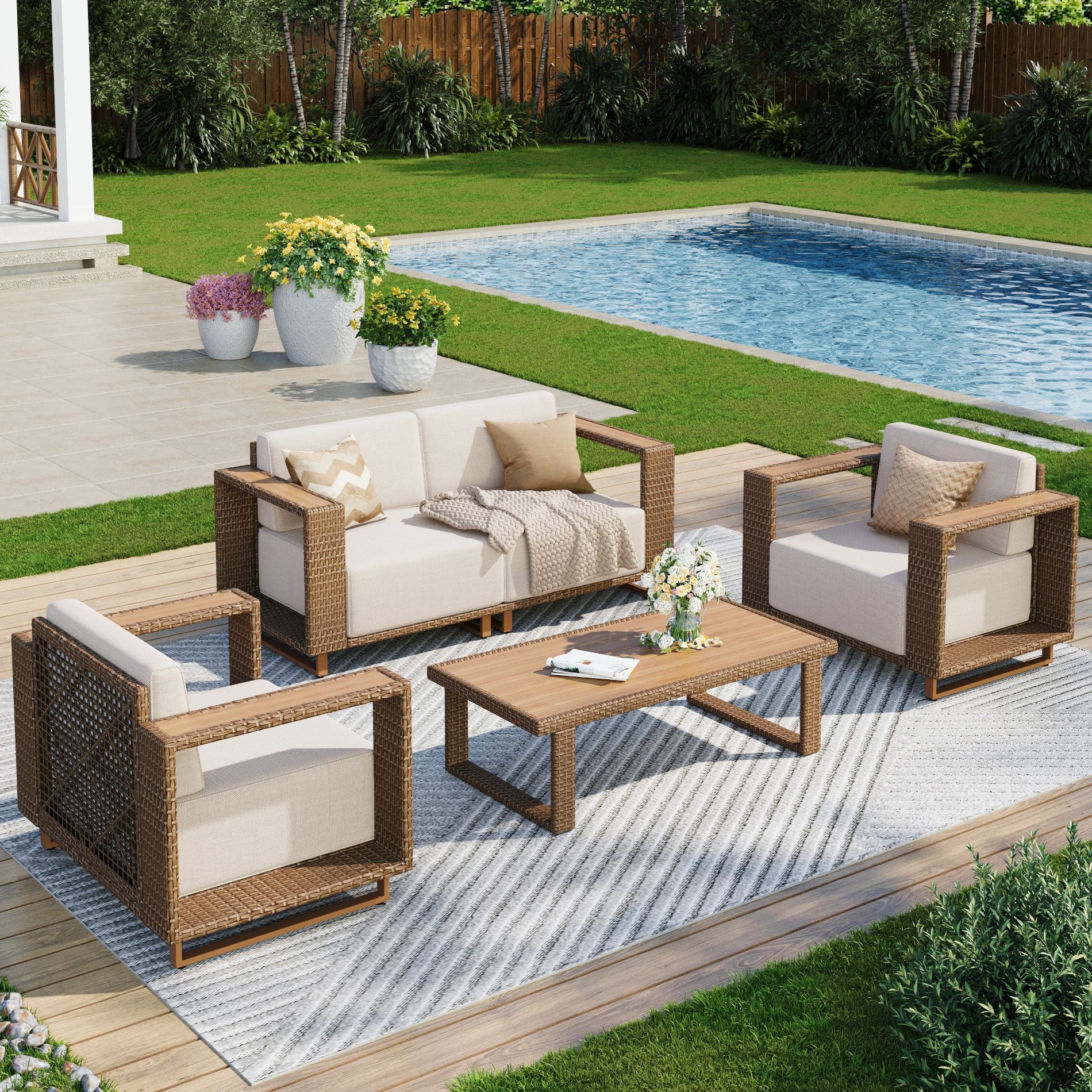 Captiva Designs Outdoor Patio Furniture Sectional Wicker Sofa Conversation Set with 9.8 Inch Thick Cushions with Table