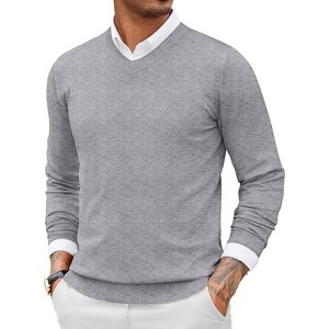 COOFANDY Men Casual V Neck Sweater Ribbed Knit Slim Fit Long Sleeve Pullover Top White - 1 of 4