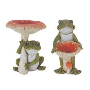 Garden Frog with Mushroom Figurine Set – 10"H Resin Frog Accents Green and Red Home or Garden Decor (Set of 2) by Melrose - 1 of 2