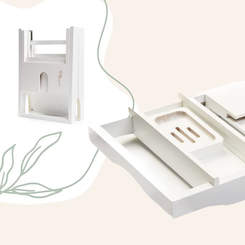 Tranquil Beauty 9" x 27" Bath Caddy with Extendable Wooden Tray for bathroom - White, 4 of 5
