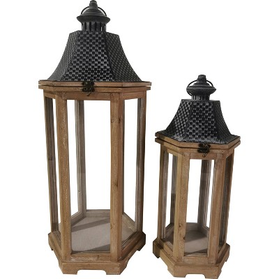 2pc 27" Wood Outdoor Lantern Set - Brown - Backyard Expressions