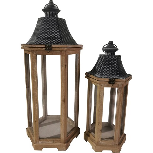 2pc 27 Wood Outdoor Lantern Set Brown - Backyard Expressions : Target