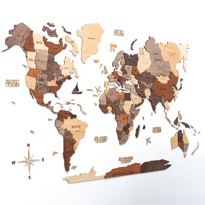 HomeRoots 35" X 59" Brown and Beige Wood World Map Hanging Dimensional Sculpture