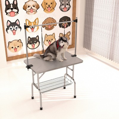 Folding Dog Grooming Table with Stainless Steel Frame,Adjustable Arm,Noose,Non Slip Surface and Storage Basket - LAOTIES