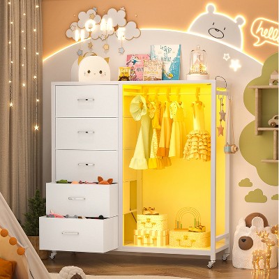 Aheaplus Rollway Dresser with Charge Station and LED Light,Chest With Drawers for Kids Room