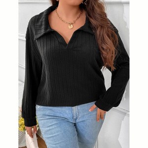 Women Plus Size Casual Knit Sweater Lapel v Neck Solid Color Tops Lightweight Long Sleeve Blouses - 1 of 4