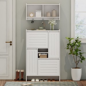 KTMBDW Shoe Cabinet with 2 Flip Drawers&Coat Rack, Hidden Shoe Storage Cabinet, Slim Freestanding Shoe Rack Organizer for Entryway, Living Room,White - 1 of 4