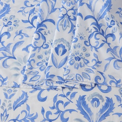 Full Blue Watercolor Floral Microfiber Sheet Set