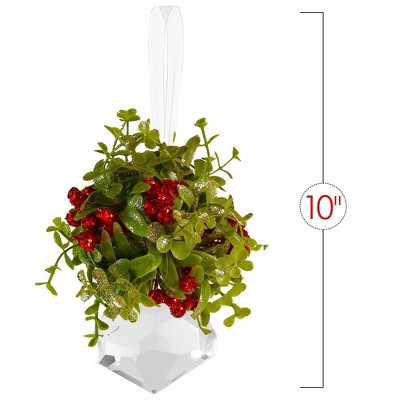 Festive Green and Red Glitter Mistletoe Ornament with Acrylic Crystal